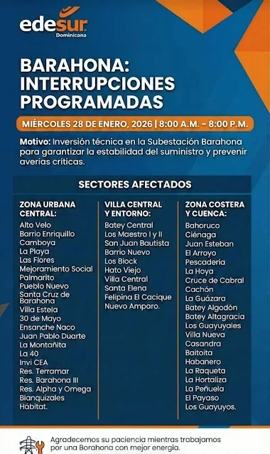 BARAHONA: Edesur anuncia apagón de 8:00 A.M. a 8:00 P.M este miércoles